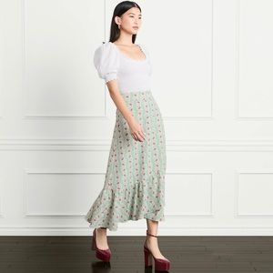 HILL HOUSE MIRABEL WRAP SKIRT IN GREEN LINEAR FLORAL POLY CREPE SIZE LARGE NWT